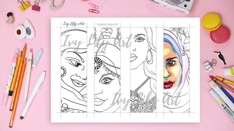 Printable Coloring Bookmarks Bundle Indian, African, Arab Girls & Russian Dolls Set of 20 Adult Coloring Bookmarks image 5