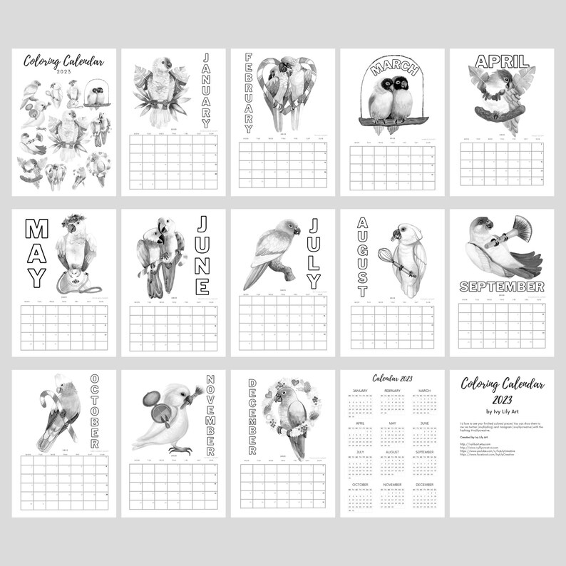 Printable Coloring Calendar 2023 / 2024 Grayscale Parrots Etsy Norway