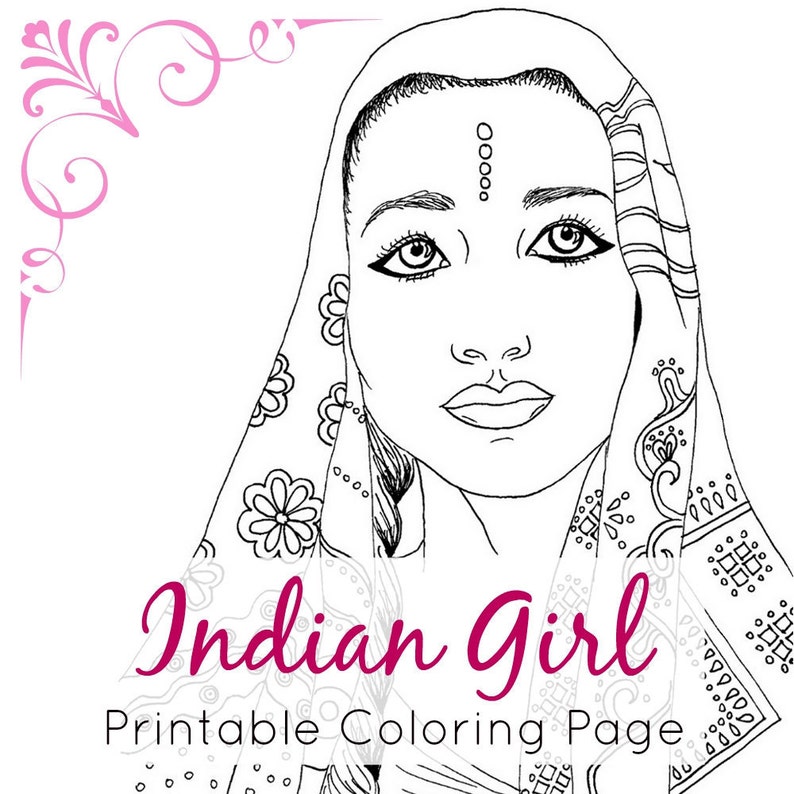 Indian Girl Adult Coloring Book Page Ethnic Art Fashion Coloring Printable Digital Stamp image 2