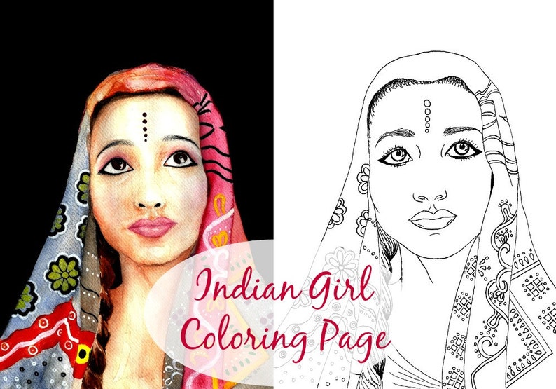 Indian Girl Adult Coloring Book Page Ethnic Art Fashion Coloring Printable Digital Stamp image 4