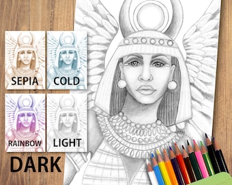 Printable Adult Coloring Page | Ancient Egyptian Goddess Isis | Grayscale, Sepia & Gradient PDF + JPG