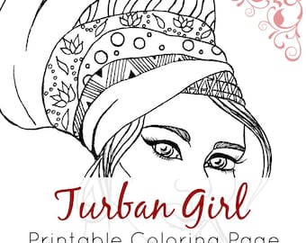 African Girl Coloring Page | African Girl with Turban | Printable Adult Coloring Page and Digital Stamp