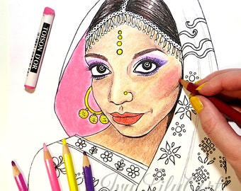 Indian Bride Coloring Page PDF | Indian Wedding Coloring Book Page + JPG Image | Printable Coloring Sheet