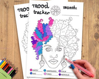 Monthly Mood Tracker Printable PDF A4 & A5 | Curly Hair Coloring