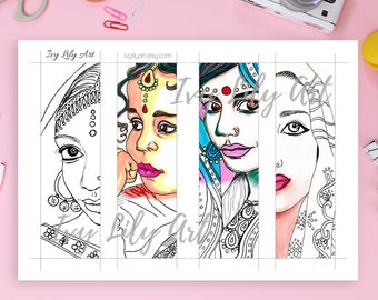 Indian Girl Printable Coloring Bookmarks | Digital Download | Set of 4 Adult Coloring Bookmarks