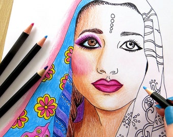 Indian Girl | Adult Coloring Book Page | Ethnic Art | Fashion Coloring Printable | Digital Stamp