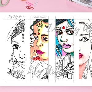 Printable Coloring Bookmarks Bundle Indian, African, Arab Girls & Russian Dolls Set of 20 Adult Coloring Bookmarks image 2