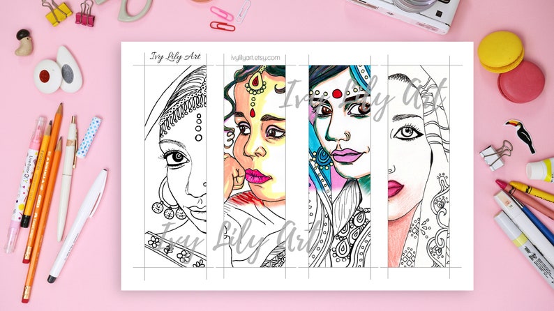 Printable Coloring Bookmarks Bundle Indian, African, Arab Girls & Russian Dolls Set of 20 Adult Coloring Bookmarks image 2