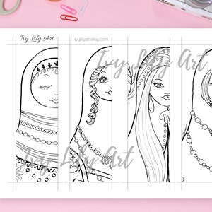 Printable Coloring Bookmarks Bundle Indian, African, Arab Girls & Russian Dolls Set of 20 Adult Coloring Bookmarks image 6