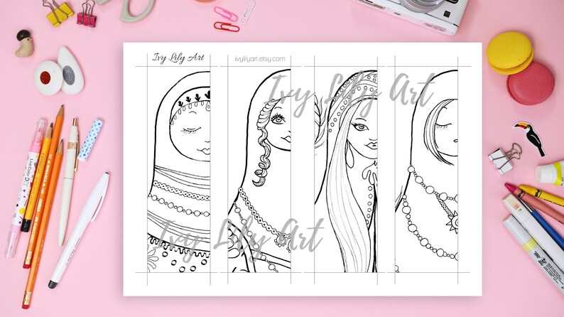 Printable Coloring Bookmarks Bundle Indian, African, Arab Girls & Russian Dolls Set of 20 Adult Coloring Bookmarks image 6