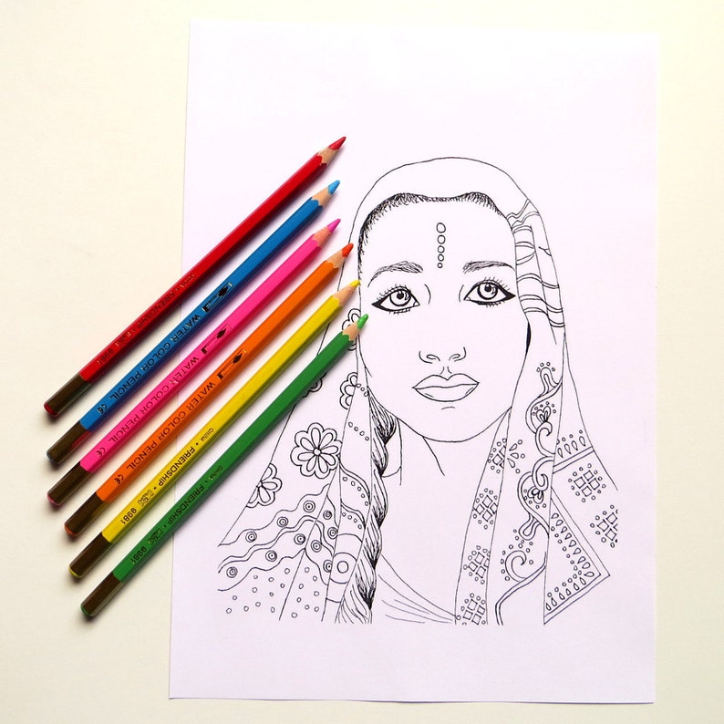 Indian Girl Adult Coloring Book Page Ethnic Art Fashion Coloring Printable Digital Stamp image 5