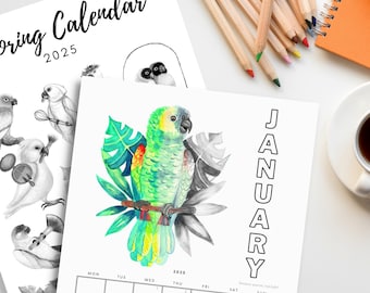Printable Coloring Calendar 2025 | Grayscale Parrots | A4 PDF Download