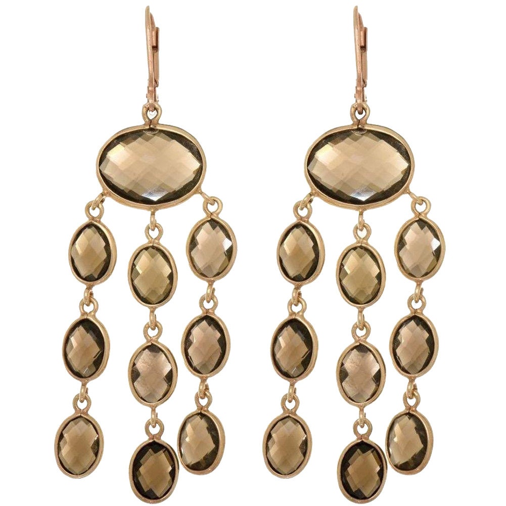 Smoky Topaz Chandelier Earrings: Handmade Yellow Gold Sterling Silver