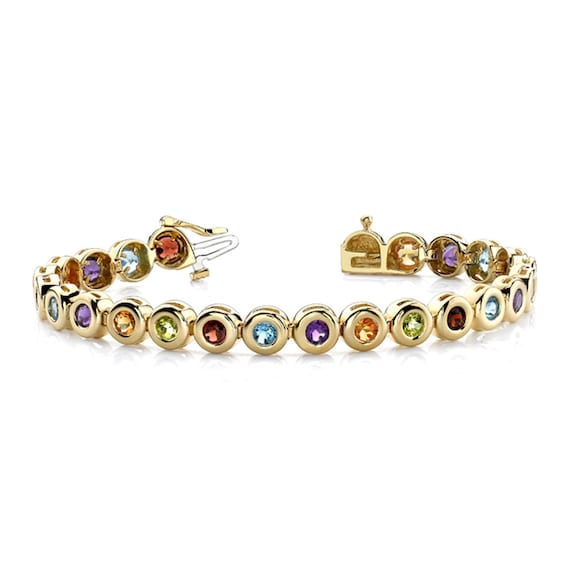 14K Yellow Gold Bracelet With Round Multi-Color Gemstones 7 Inches