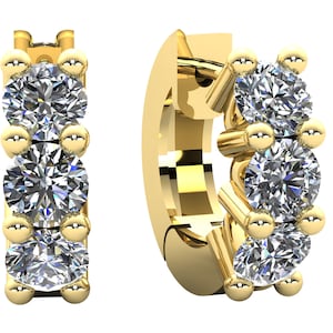 14k Gold Three Stone Diamond Huggie Earrings: 1.5 ct