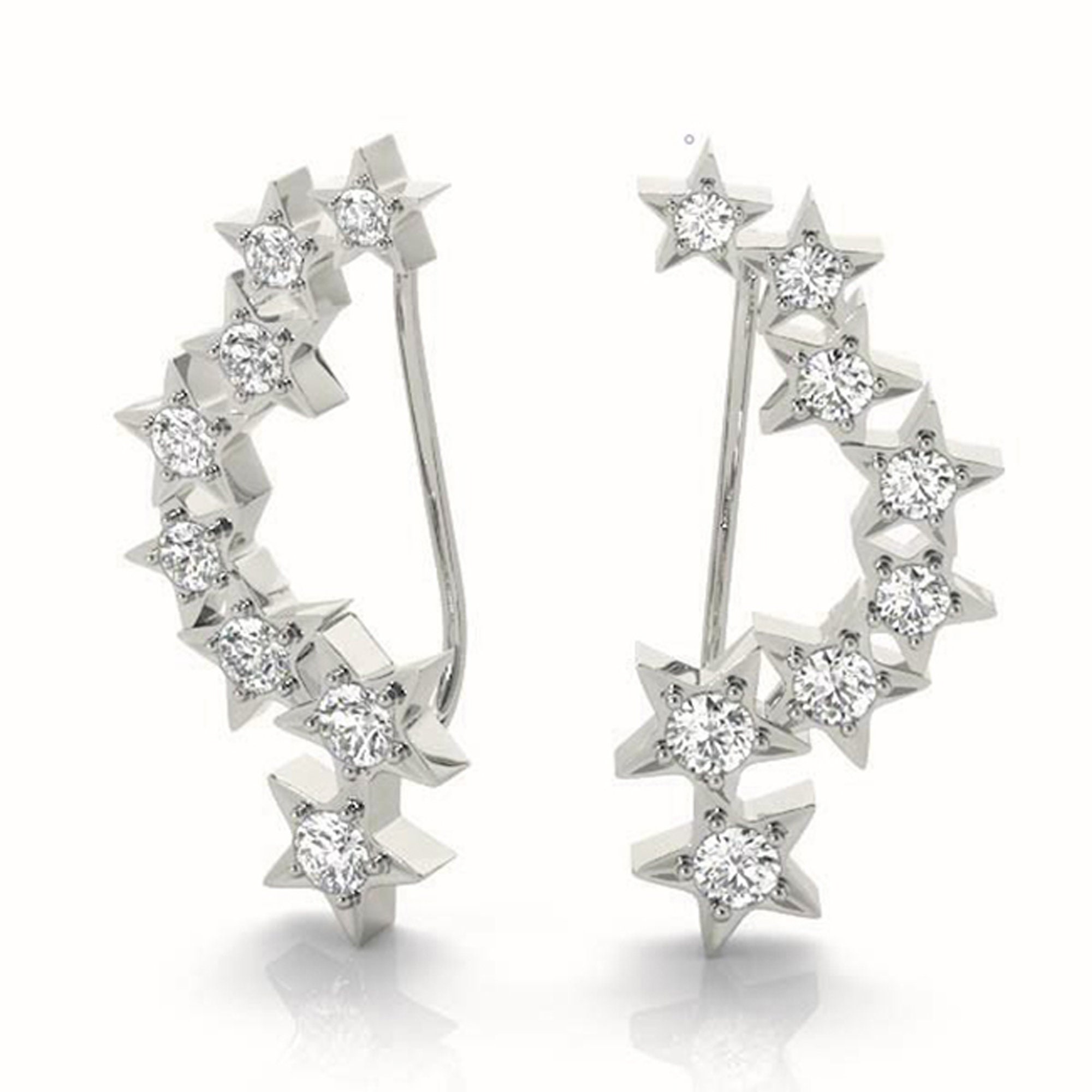 Brincos de ouro branco 14k com diamantes e estrelas rastejantes