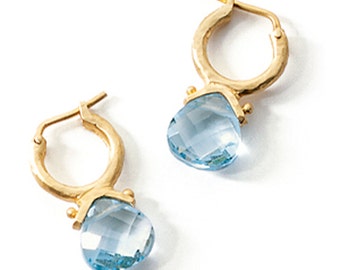 Brincos de argola de ouro 14k: brincos pendentes de topázio azul suíço
