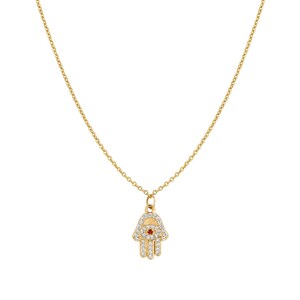 14k Gold Hamsa Diamond Necklace with Ruby – Hand of God Pendant, Protection Judaica Jewelry