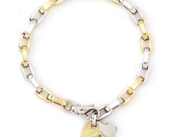 14k Gold Charm Bracelet: Two-Tone Heart Pendants, 7 Inch