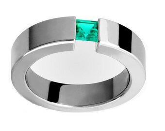 14k Gold Emerald Cigar Band, Square Emerald Band, 1 Year Anniversary Gift For her, Designer Emerald Band, Golden Anniversary