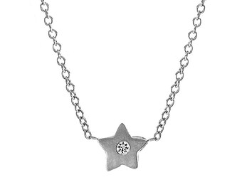 Sterling Silver Star Necklace: Diamond North Star Pendant, 16&quot; Cable Chain