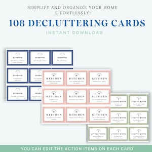 Puede incluir: Un conjunto de 108 tarjetas de limpieza imprimibles para el hogar. Las tarjetas están codificadas por colores según la habitación: azul para el dormitorio, rosa para la cocina y verde para la sala de estar. Cada tarjeta tiene una tarea de limpieza diferente, como "Despeja tus calcetines y ropa interior" o "Organiza tu refrigerador".