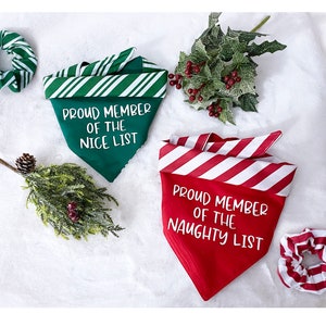 Reversible Proud Member of Naughty / Nice List ~ Christmas Holiday Dog Bandana ~ Red / Green Candy Stripes ~ Santa Dog ~ Mom Gift Idea Funny
