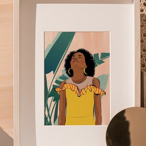 Banana leaf art, black girl magic, african american art, melanin, afro art, natural hair art, black woman art, botanical art, caribbean art