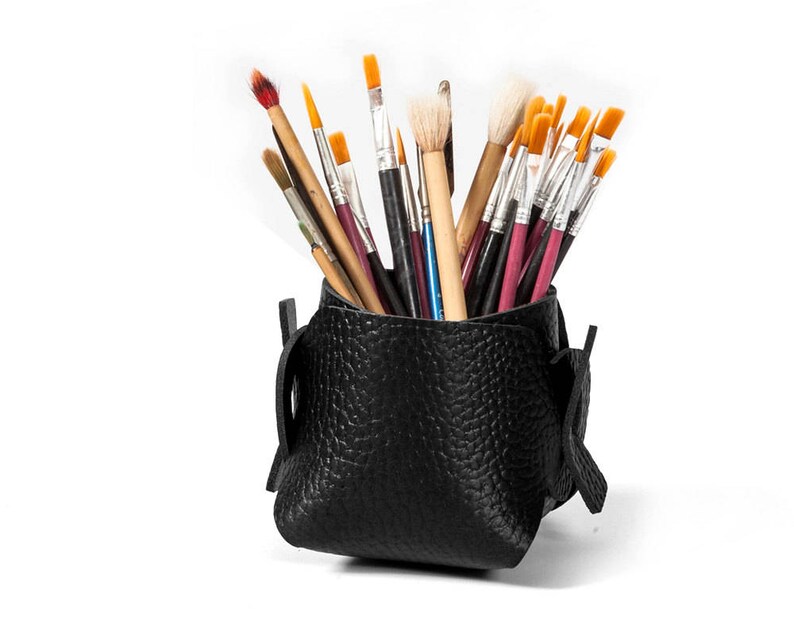 Black Leather Office Desk Accessories Pen And Brush Holder Organizer Storage Container Gift