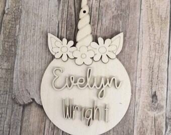 Gorgeous round unicorn name plaque with two fonts, personalised name or word plaque, name sign, pretty name plaque, unicorn plaque