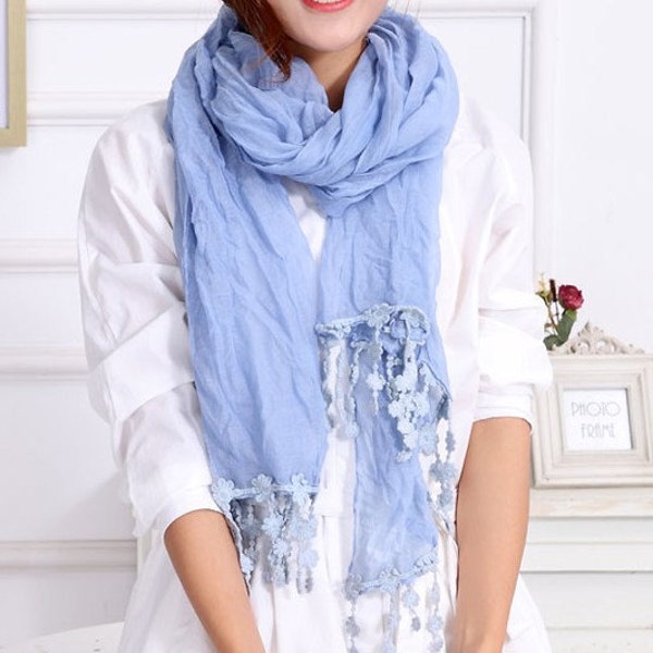 Seasonal Sales For ALL SCARVES *** Monochrome hanging lace voile scarves, light blue-colored scarf, Large Shawl Stole  spring, summer scarf