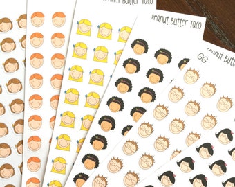 People Planner Stickers - Multiple Hair Styles & Skin Tones - Faces Stickers - Children Stickers - Family Stickers - Face Stickers - Icon