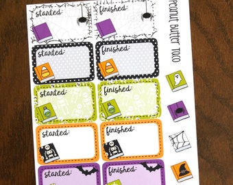 Halloween Started & Finished Reading Planner Stickers - Spiderweb Planner Stickers - Holiday Book Stickers - Orange Black Green Purple