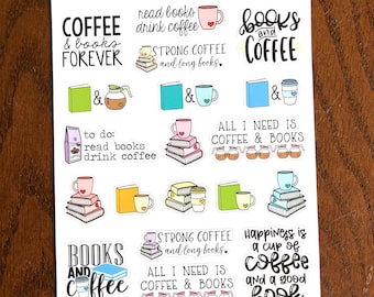 Coffee & Books - Reading Stickers - Bookish Stickers - Reading Quotes - Coffee Quotes Sayings - Hand Drawn Reading Doodle Planner Stickers