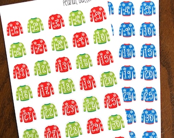 Winter Sweater Date Stickers - Ugly Sweater Date Cover Planner Stickers - Christmas Countdown Stickers - Christmas Numbers - Winter Numbers