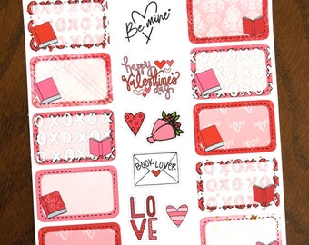 Pegatinas de planificador de cajas de libros de San Valentín - Pegatinas de San Valentín con temática de libros - Pegatinas de lectura en rosa y rojo - Pegatinas de libros - Pegatinas de corazón