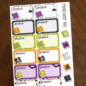 Halloween Started & Finished Reading Planner Stickers - Spiderweb Planner Stickers - Holiday Book Stickers - Orange Black Green Purple