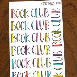 May include: Seven colorful stickers with the text "BOOK CLUB" in black. Each sticker features a stack of colorful books with a small heart on the top.