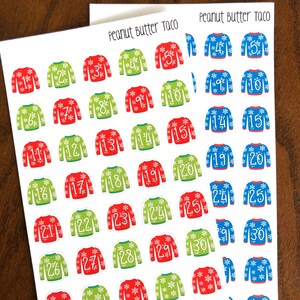 Wintertrui datumstickers - lelijke trui datumomslag plannerstickers - stickers kerstaftellen - kerstnummers - winternummers