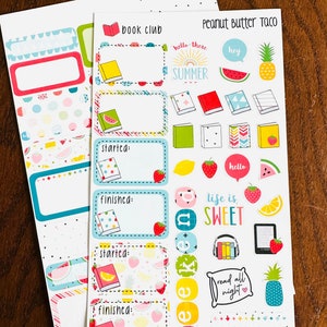 May include: Two sheets of planner stickers with a summer and book theme. The stickers include colorful boxes, books, watermelon, strawberries, and the text "book club", "hello there SUMMER", and "life is SWEET".