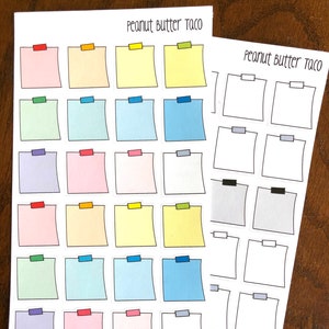 May include: A sheet of colorful sticky note stickers with the text "Peanut Butter Taco" at the top. The stickers are in various colors, including red, orange, yellow, green, blue, purple, and pink. Each sticker has a small black line at the top to represent a sticky note.