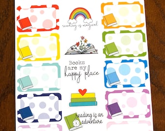 May include: A set of 10 colorful book-themed stickers with polka dot backgrounds. The stickers feature various book-related phrases, including "reading is magical", "books are my happy place", "reading is an adventure", and "reading is my favorite".