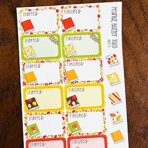 May include: Seven sets of colorful book-shaped stickers with "started" and "finished" labels. Each sticker features a different autumn-themed design. The stickers are labeled "Peanut Butter Taco 4071".