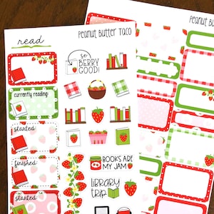 Op de afbeelding: Een set bedrukbare stickers voor een planner of dagboek. De stickers hebben een aardbeien thema en bevatten labels voor "lezen", "bezig met lezen", "gestart", "afgerond", "boeken zijn mijn ding" en "bibliotheektrip".