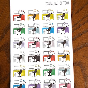 May include: A sheet of 24 colorful computer desk stickers. Each sticker features a desk with a computer, chair, lamp, and trash can. The desks are in various colors, including red, orange, yellow, green, blue, purple, pink, and black.