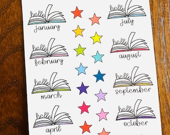 Hello Month Book Stickers - TBR Reading Planner Stickers - Reading Stickers - Book Journal Stickers - Bookworm Calendar Stickers - Bookish