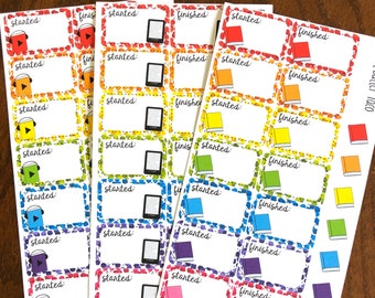 Confetti Rainbow Started & Finished Planner Stickers - Physical Book, E-Reader, or Audiobook - Reading Planner Stickers - Reading Half Boxes