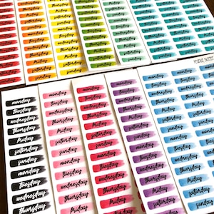 Kleurkeuze - Dagen van de week Monochrome penseelstreek Planner Stickers - Paint Stokes Stickers - Aquarel - Tekstscriptstickers
