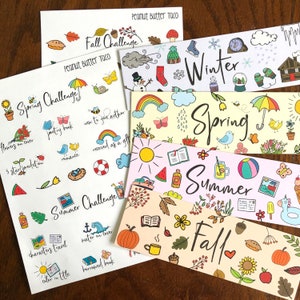 Seasonal Reading Challenge & Bookmarks - Seasons Reading Challenge Planner Stickers - Winter Spring Summer Fall - Book Stickers