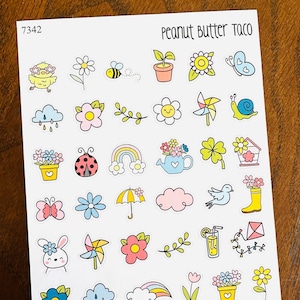 Stickers icônes printemps pour agenda - Stickers printemps - Stickers fleurs - Stickers papillons - Stickers décoratifs saisonniers - Déco de printemps